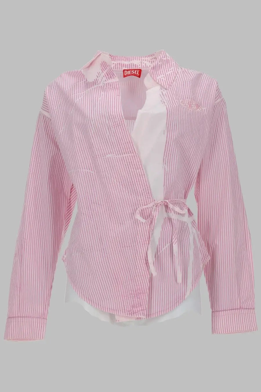 Diesel women’s camicia long-sleeved popeline shirt in pink and white stripes with tie-waist detail and brand label