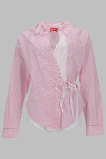 Diesel women’s camicia long-sleeved popeline shirt in pink and white stripes with tie-waist detail and brand label