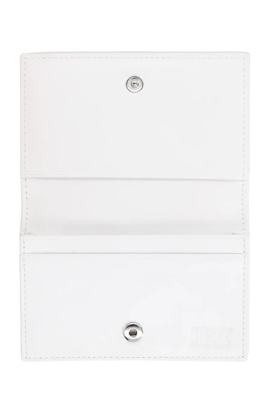 Diesel women’s white leather tri-fold card holder with silver metal clasps and neat stitching