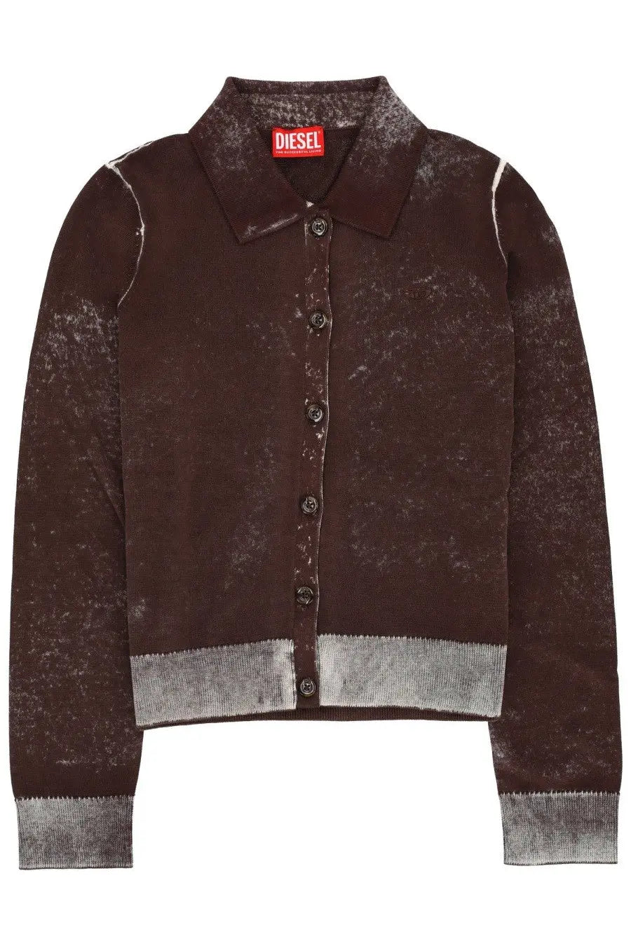 Diesel women’s brown cardigan Loren with distressed mottled texture and gray ribbed cuffs and hem