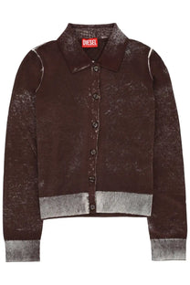 Diesel women’s brown cardigan Loren with distressed mottled texture and gray ribbed cuffs and hem