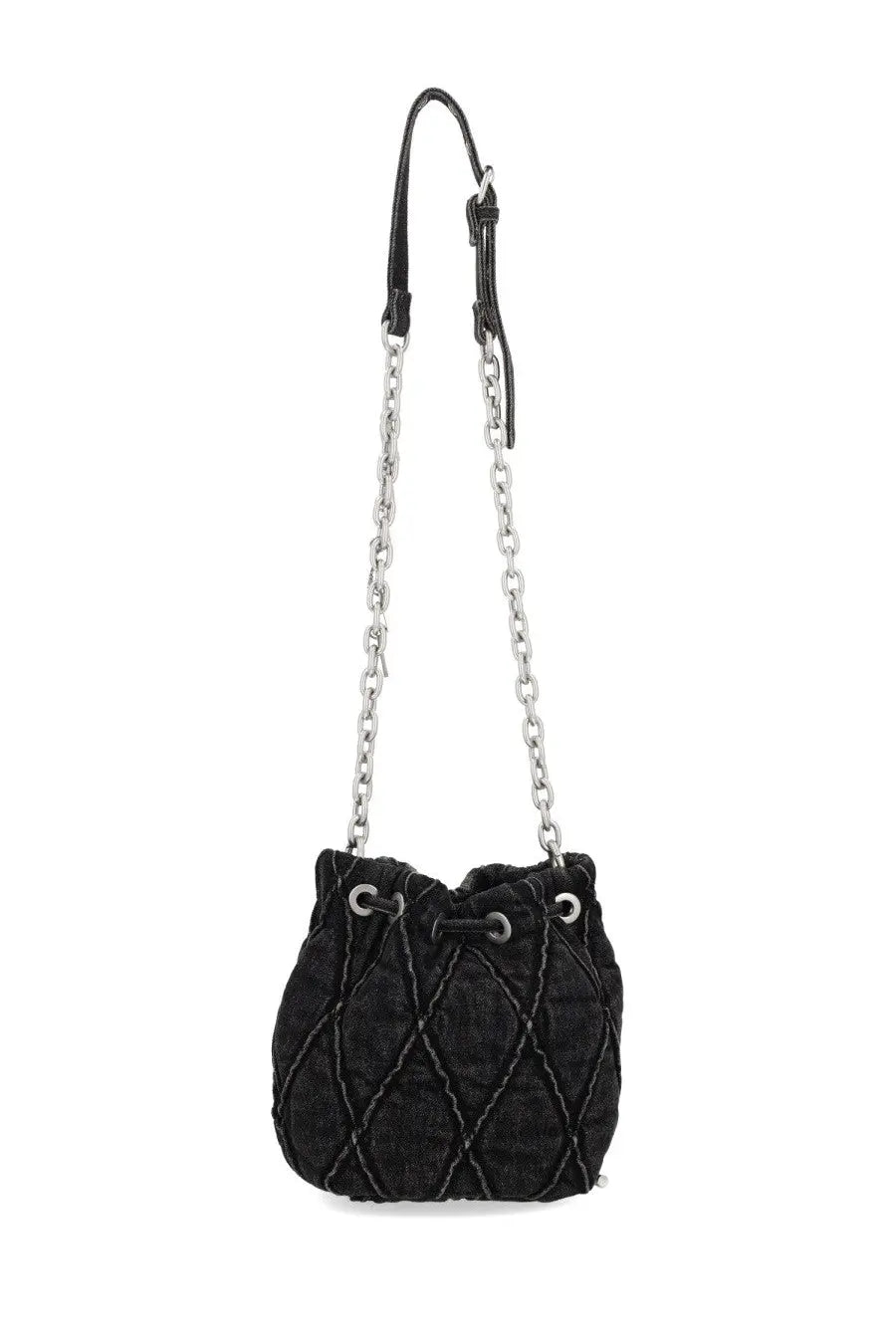 Diesel women’s charm bucket bag in black quilted leather with silver chain drawstring strap