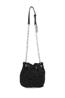 Diesel women’s charm bucket bag in black quilted leather with silver chain drawstring strap