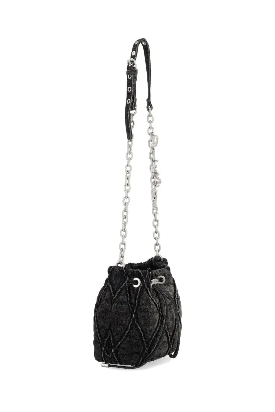 Diesel women’s charm black bucket bag in quilted velvet with silver chain strap and leather accents