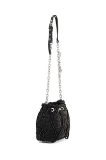 Diesel women’s charm black bucket bag in quilted velvet with silver chain strap and leather accents