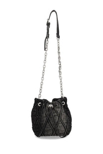 Diesel women’s charm bucket bag black with textured leather body and silver toned chain and leather drawstring strap