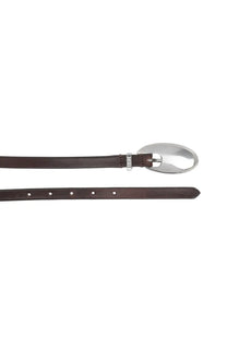 Diesel women’s brown leather belt with a sleek oval silver buckle adorned with embedded crystals