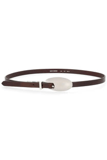 Diesel women’s brown leather belt with sleek oval white buckle and silver-toned hardware for stylish wear