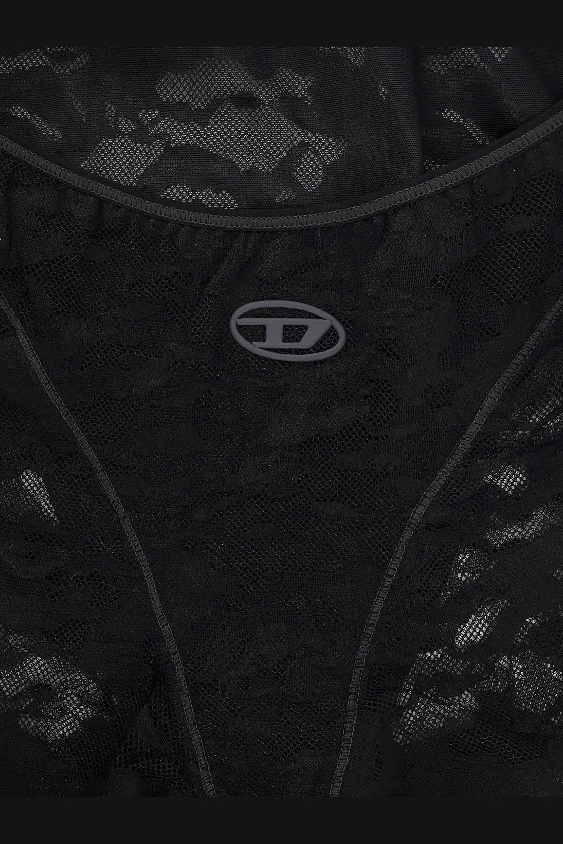 Diesel women’s Claire Utlt lace leggings black featuring a black lace top with subtle mesh texture and gray logo embroidery