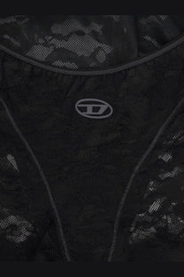 Diesel women’s Claire Utlt lace leggings black featuring a black lace top with subtle mesh texture and gray logo embroidery