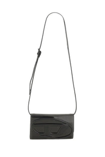 Diesel women’s clutch 1DR black glossy patent leather crossbody bag with a prominent embossed logo on the front