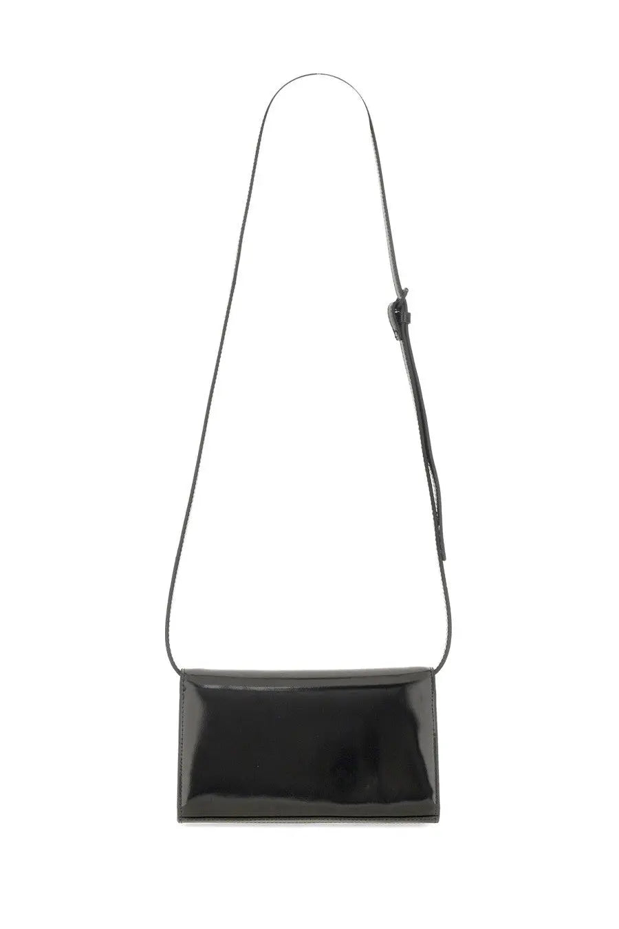 Diesel women’s clutch 1DR black featuring a black patent leather crossbody bag with a slender adjustable strap