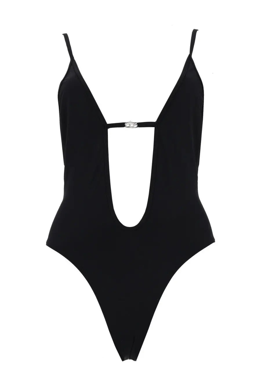 Diesel women’s black one-piece swimsuit with thin spaghetti straps and a center front cutout with silver buckle