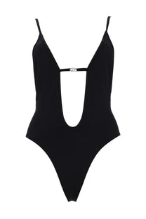 Diesel women’s black one-piece swimsuit with thin spaghetti straps and a center front cutout with silver buckle