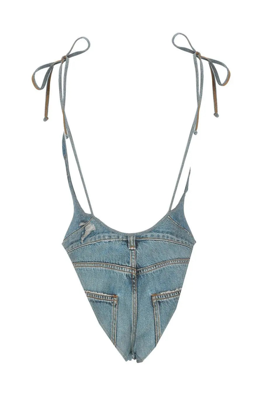 Diesel womens light-wash denim bikini top with adjustable tie straps and front pocket design in blue
