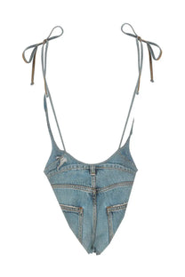 Diesel womens light-wash denim bikini top with adjustable tie straps and front pocket design in blue