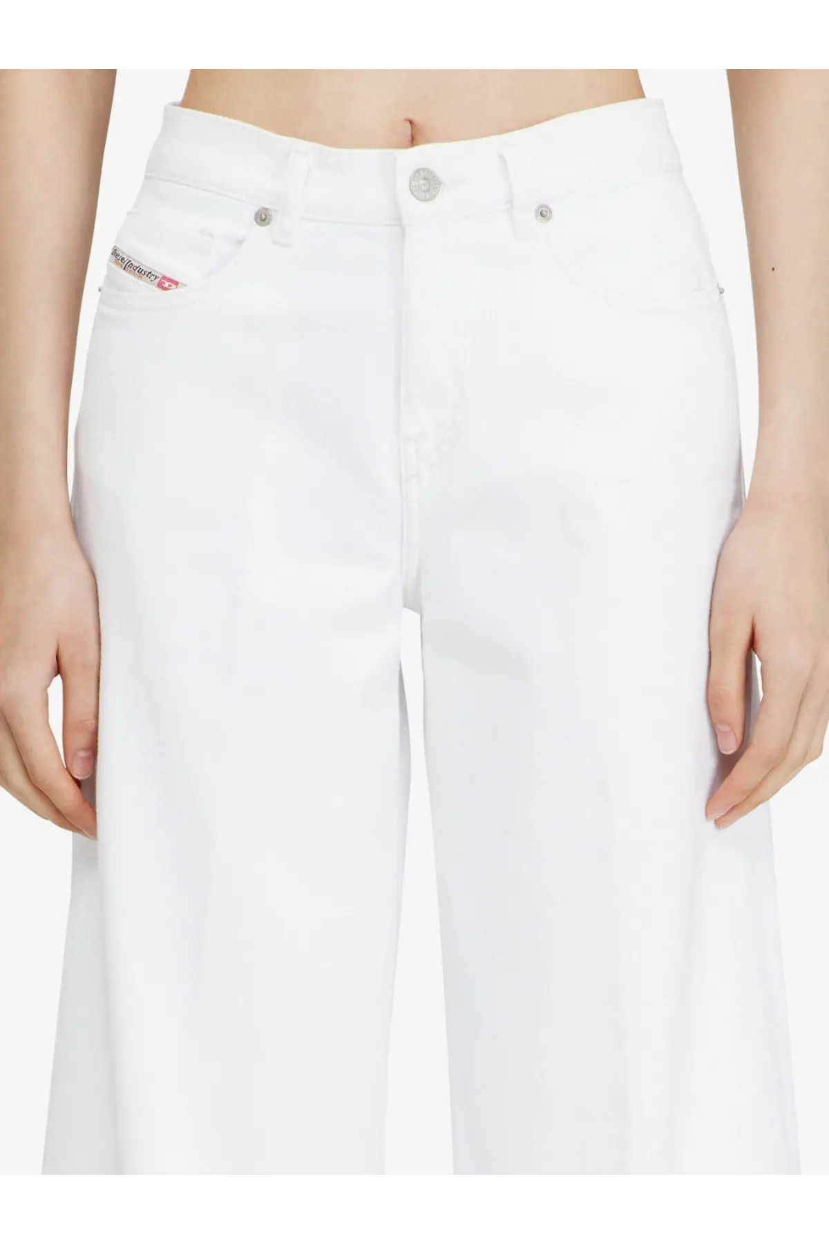 Diesel women’s white high-waisted wide-leg trousers made from cotton blend with diesel logo patch on front pocket