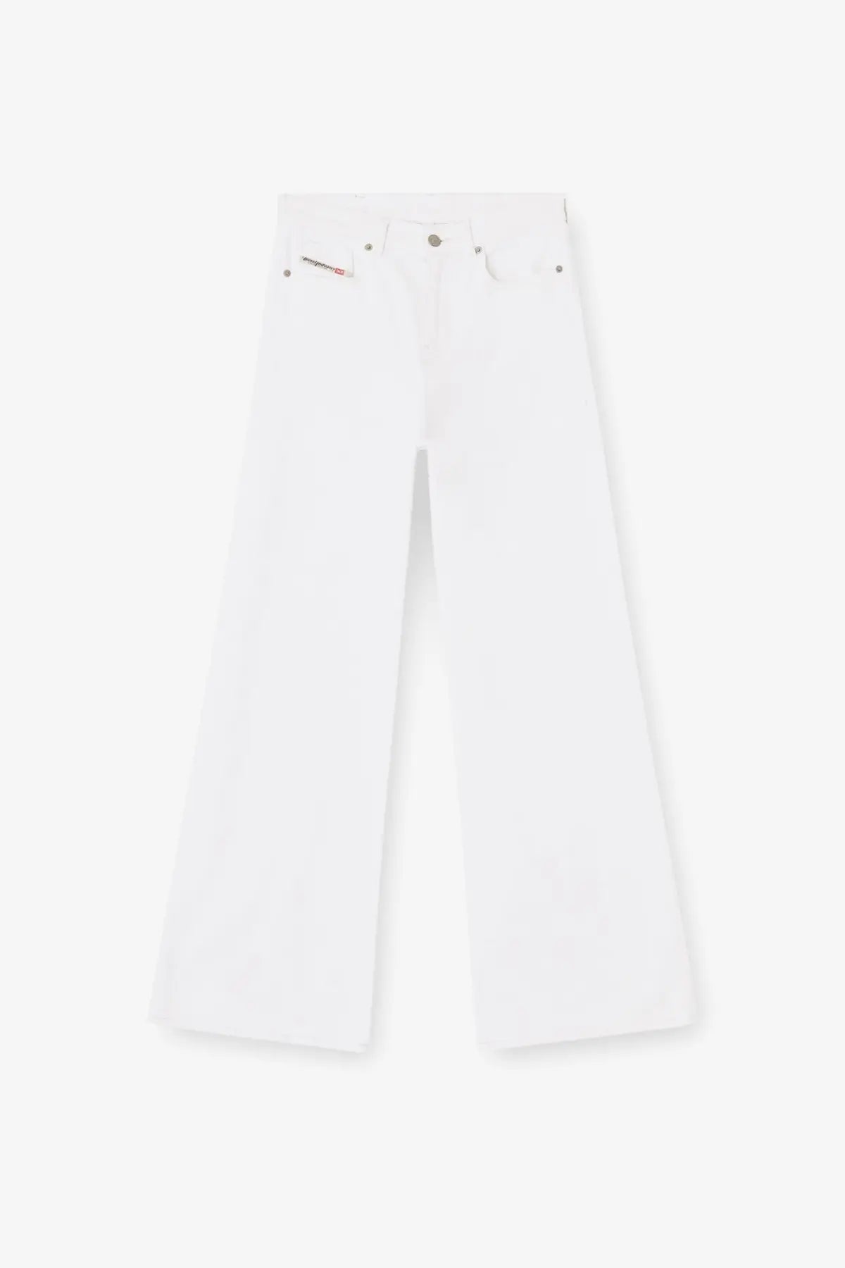 White denim wide-leg trousers with classic five-pocket design and subtle brand stitching on back pocket diesel women