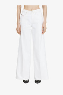 Diesel women’s white cotton blend wide-leg denim trousers with minimalist design and subtle waistband branding