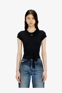 Diesel women’s black cotton shirt with ribbed short sleeves and small logo at the neckline