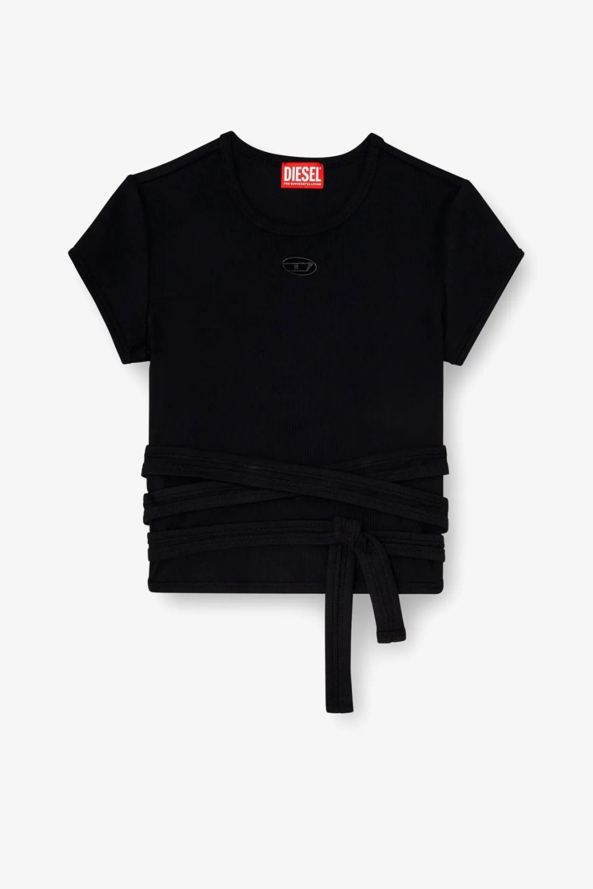 Diesel women’s black cotton t-shirt with short sleeves and a tied waistband for casual wear