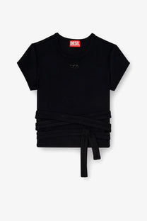 Diesel women’s black cotton t-shirt with short sleeves and a tied waistband for casual wear