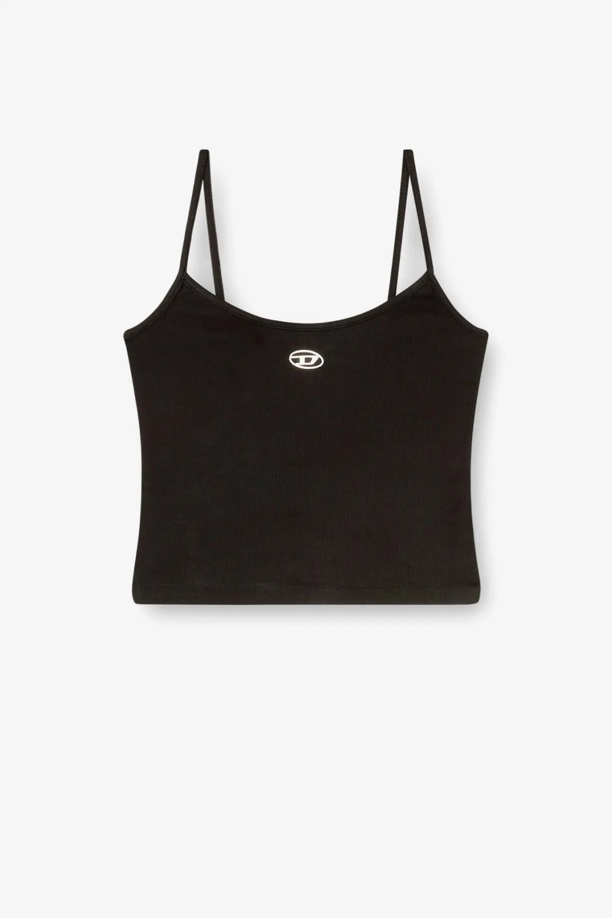 Diesel women’s black cotton tank top with thin straps and a small white logo on the chest