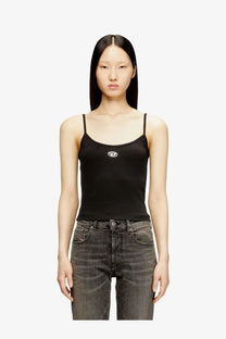 Diesel women’s black cotton spaghetti strap tank top with small white logo on the chest