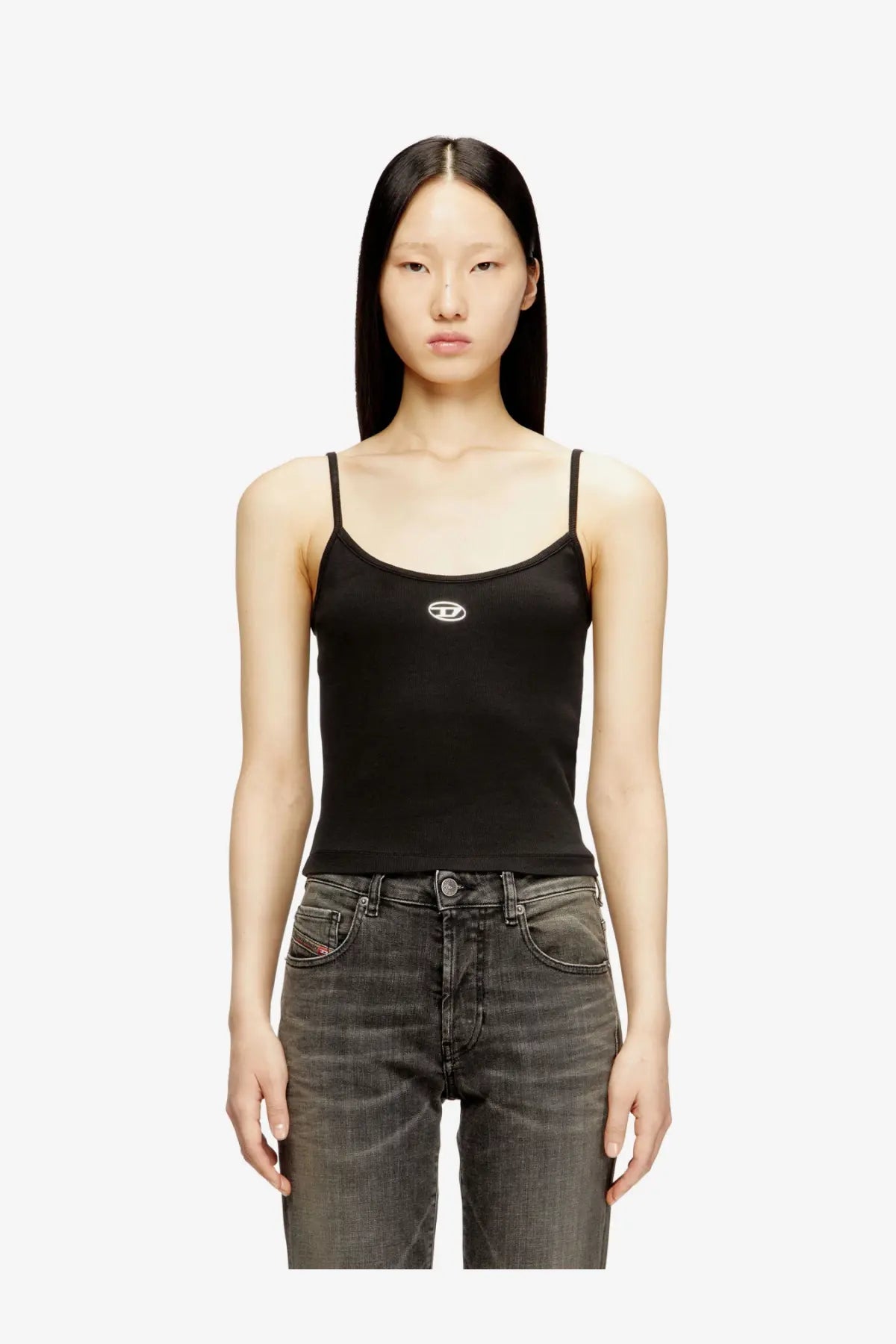 Diesel women’s black cotton tank top with spaghetti straps and a small white logo on the chest