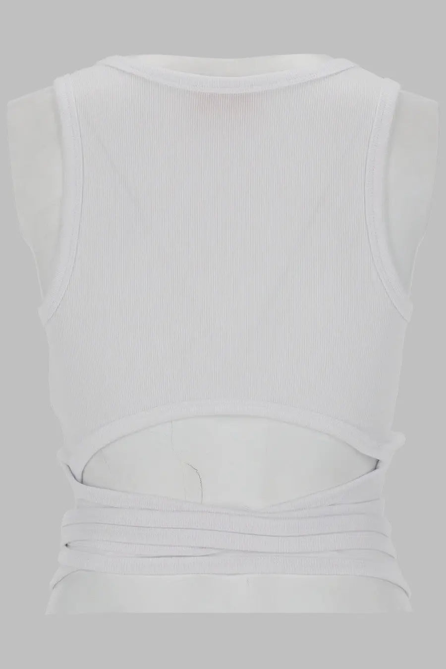 Back view of diesel women’s white ribbed knit sleeveless crop top with cutout and tied fabric detail