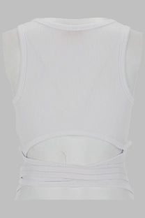 Back view of diesel women’s white ribbed knit sleeveless crop top with cutout and tied fabric detail