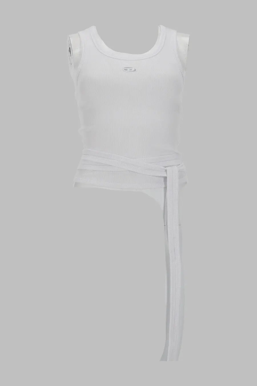 Diesel women’s white sleeveless crop top with tied waistband and subtle logo on chest in cotton blend material