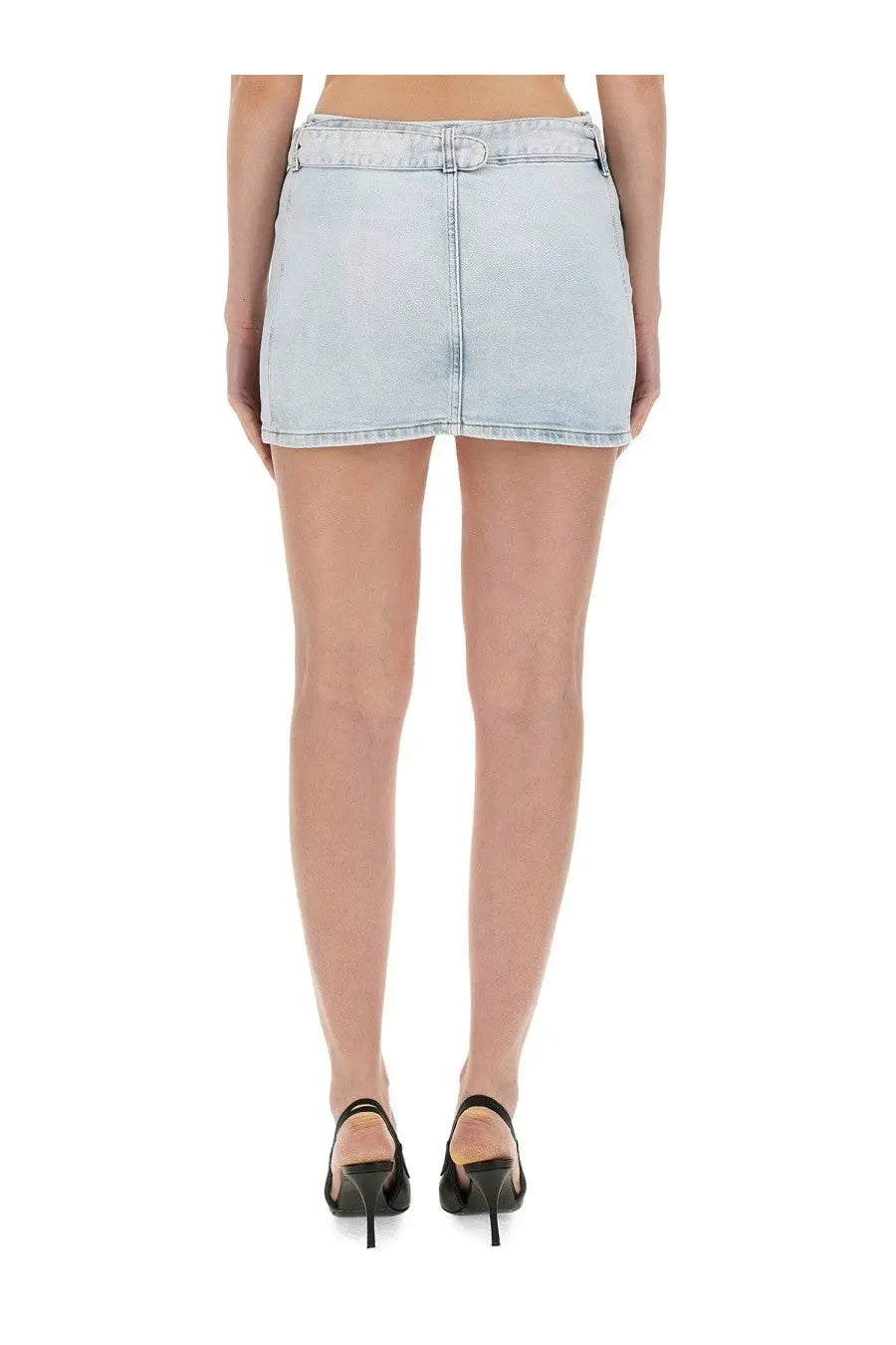 Diesel women’s DE Flip skirt blue light-wash denim mini skirt with button closure and visible stitching details