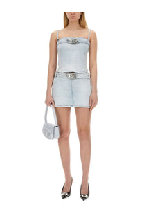 Diesel women’s de flip skirt blue light-wash denim mini dress with silver-toned belt buckle and matching shoulder straps