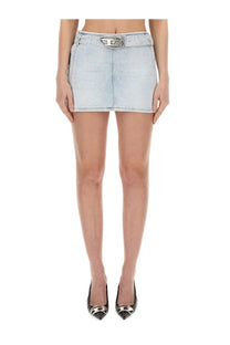 Light-wash denim mini skirt with silver diesel logo belt buckle in blue from diesel womens de flip skirt collection
