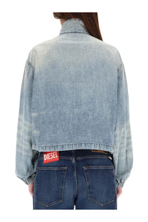 Diesel women’s DE Flowye light-wash denim jacket with cropped relaxed fit and rolled cuffs in blue