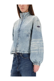 Diesel women’s light-wash denim jacket with high collar front zipper closure and elasticated cuffs in blue