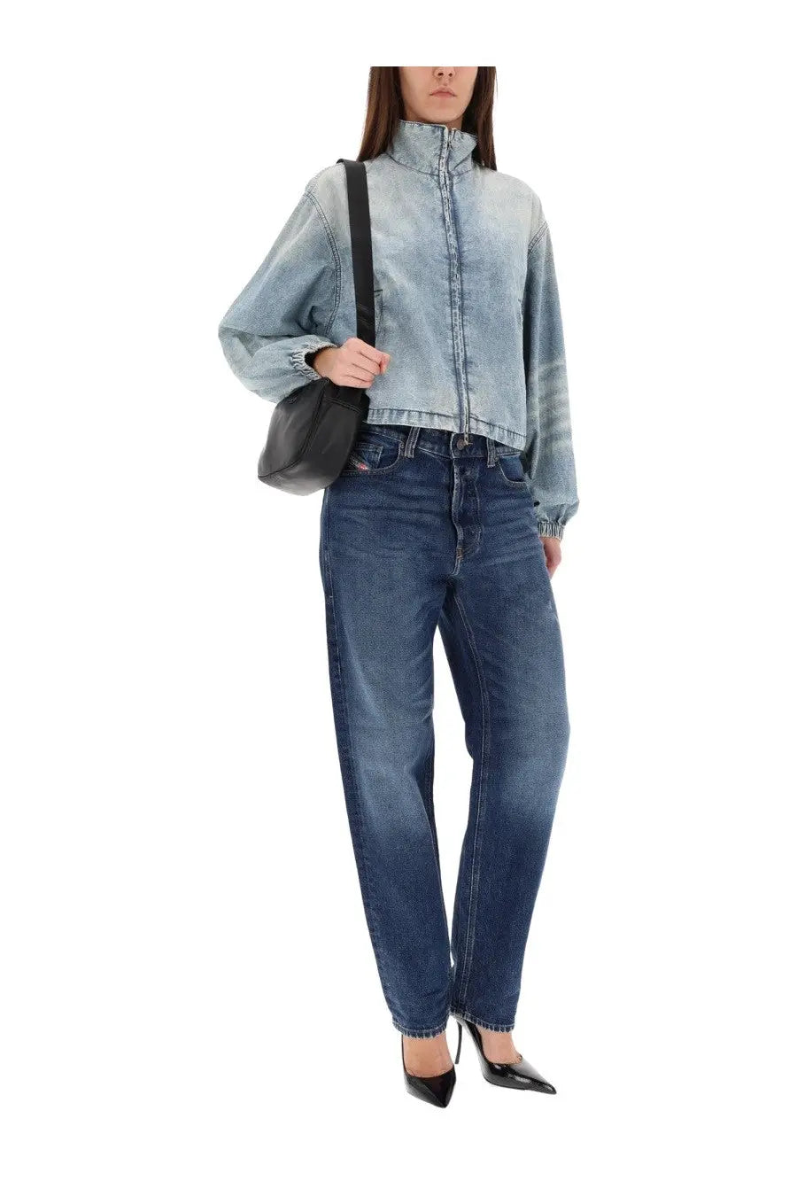 Diesel women’s de flowye light-wash denim jacket with high collar and elasticated cuffs in blue