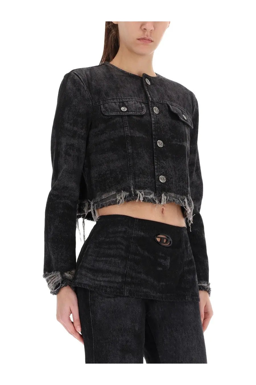 Diesel women’s black distressed denim cropped jacket with frayed hem and cuffs for casual wear
