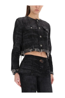 Diesel women’s black distressed denim cropped jacket with frayed hem and cuffs for casual wear
