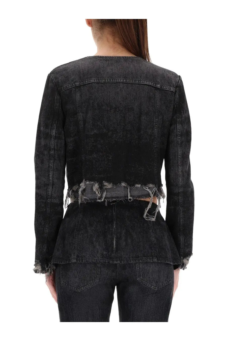 Diesel women’s DE Graffy Fsh black distressed denim jacket with frayed hem and cuffs front view