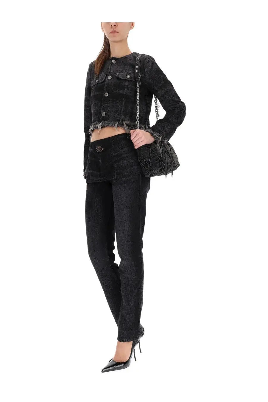 Black quilted Diesel women’s DE Graffy Fsh jacket handbag with chain strap and frayed denim detailing