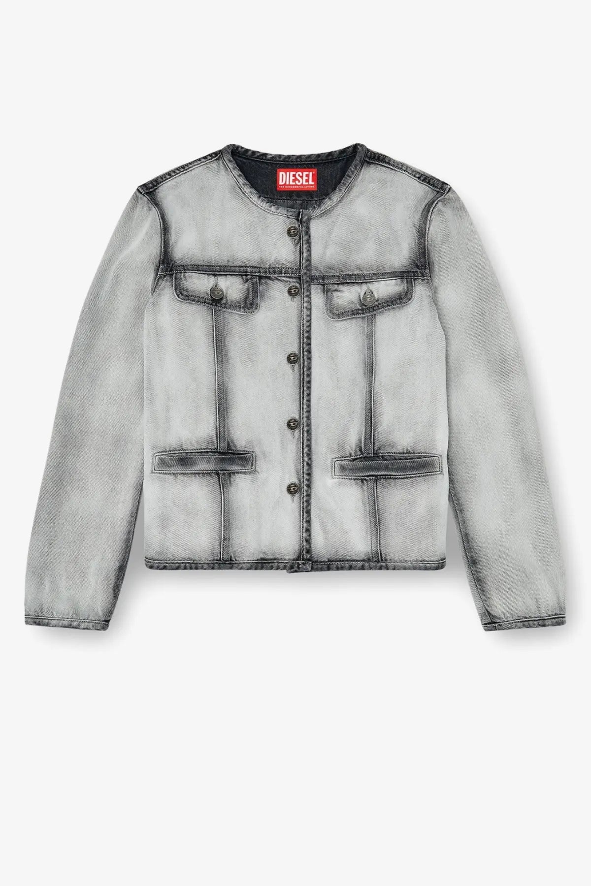 Diesel women’s de grafy fsi black distressed denim jacket with button-up front cotton and lyocell blend