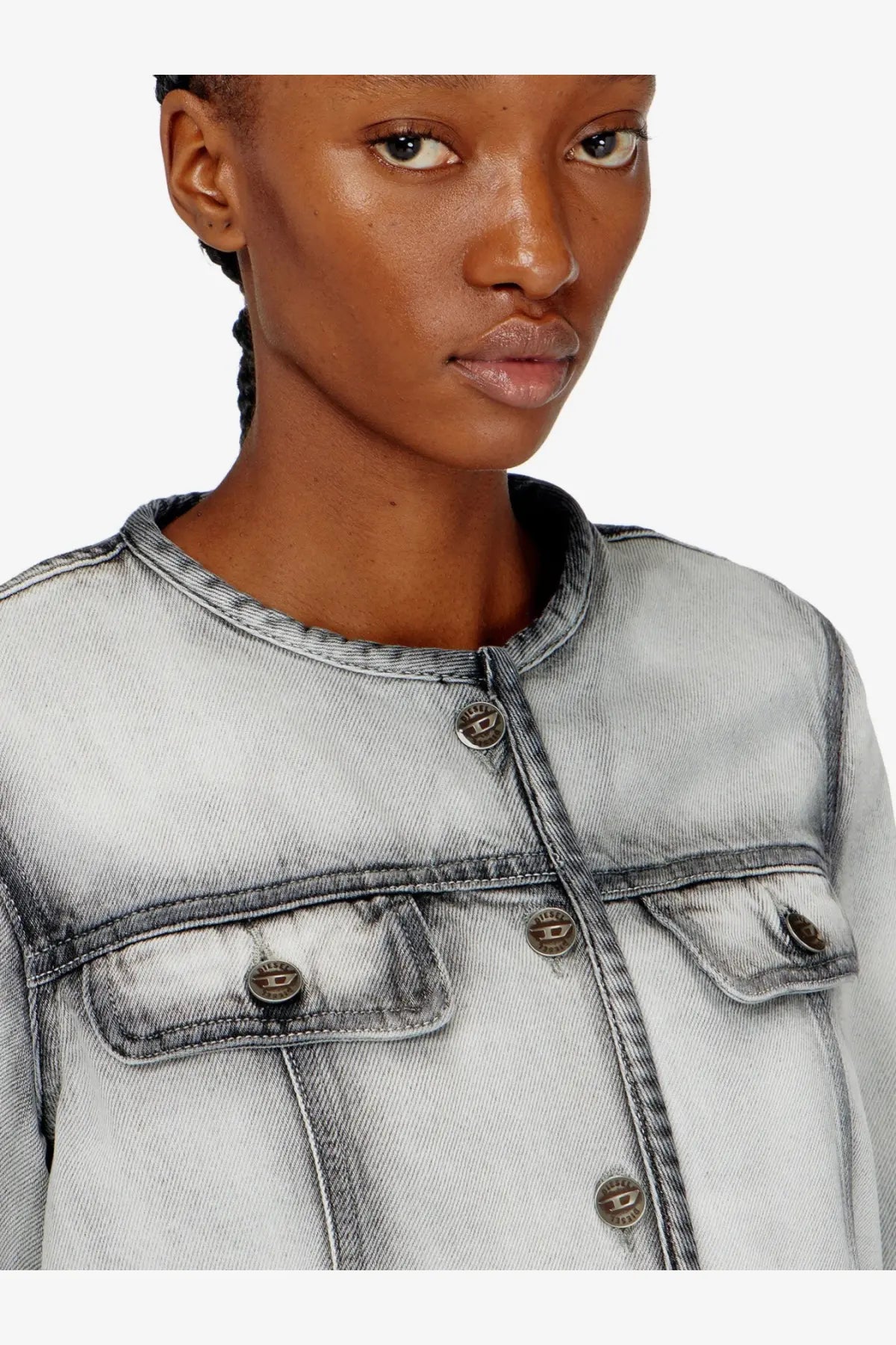 Diesel womens de grafy fsi light-wash denim jacket with dark gray stitching metallic buttons logo details