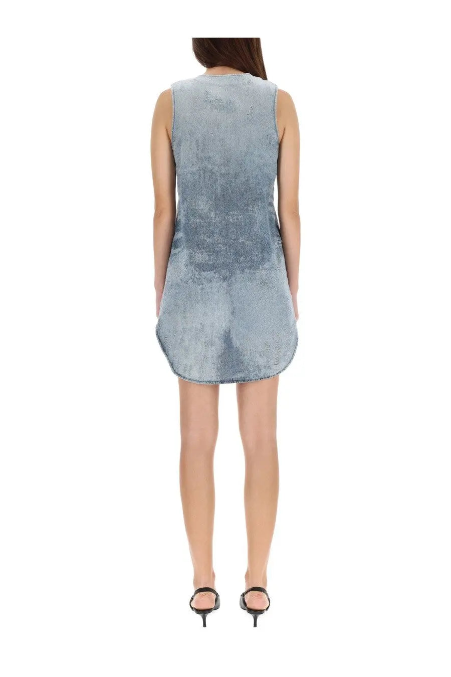 Diesel women’s de laris sleeveless light blue denim dress with subtle distressed texture and flared hemline