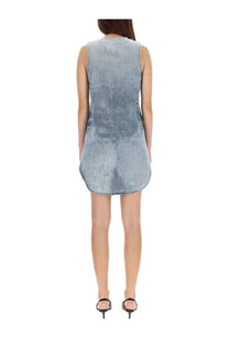Diesel women’s de laris sleeveless light blue denim dress with subtle distressed texture and flared hemline
