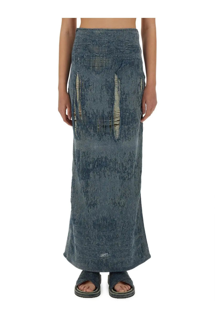 Diesel women’s DE Megan Fsg long skirt in dark blue denim with distressed vertical rips and subtle textured pattern