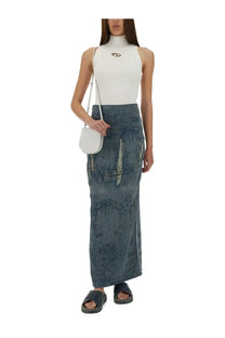 Diesel women’s DE Megan Fsg long dark blue denim maxi skirt with distressed patches and frayed detailing