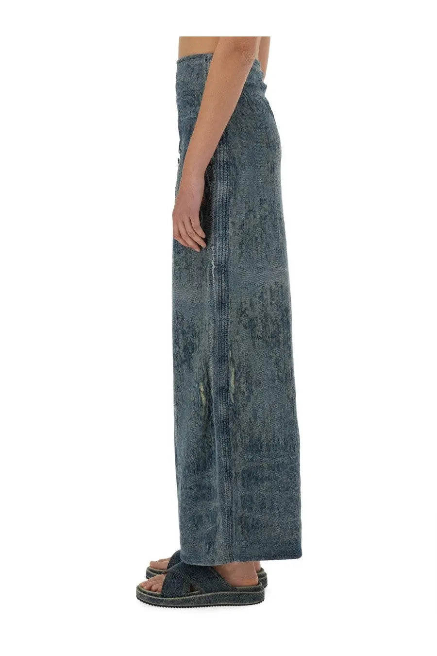 Diesel women’s DE Megan Fsg long skirt in faded blue denim with wide-leg fit distressed details and side seam stitching