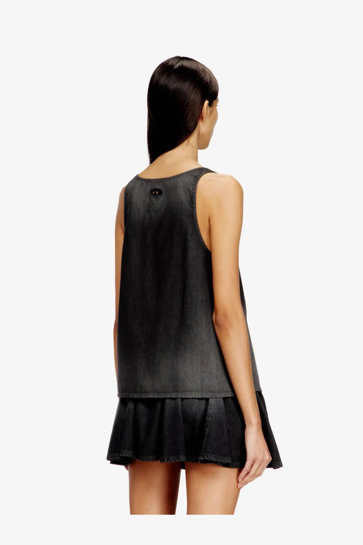 Diesel women’s black denim sleeveless tank top with flared hem subtle distressing made from cotton and lyocell